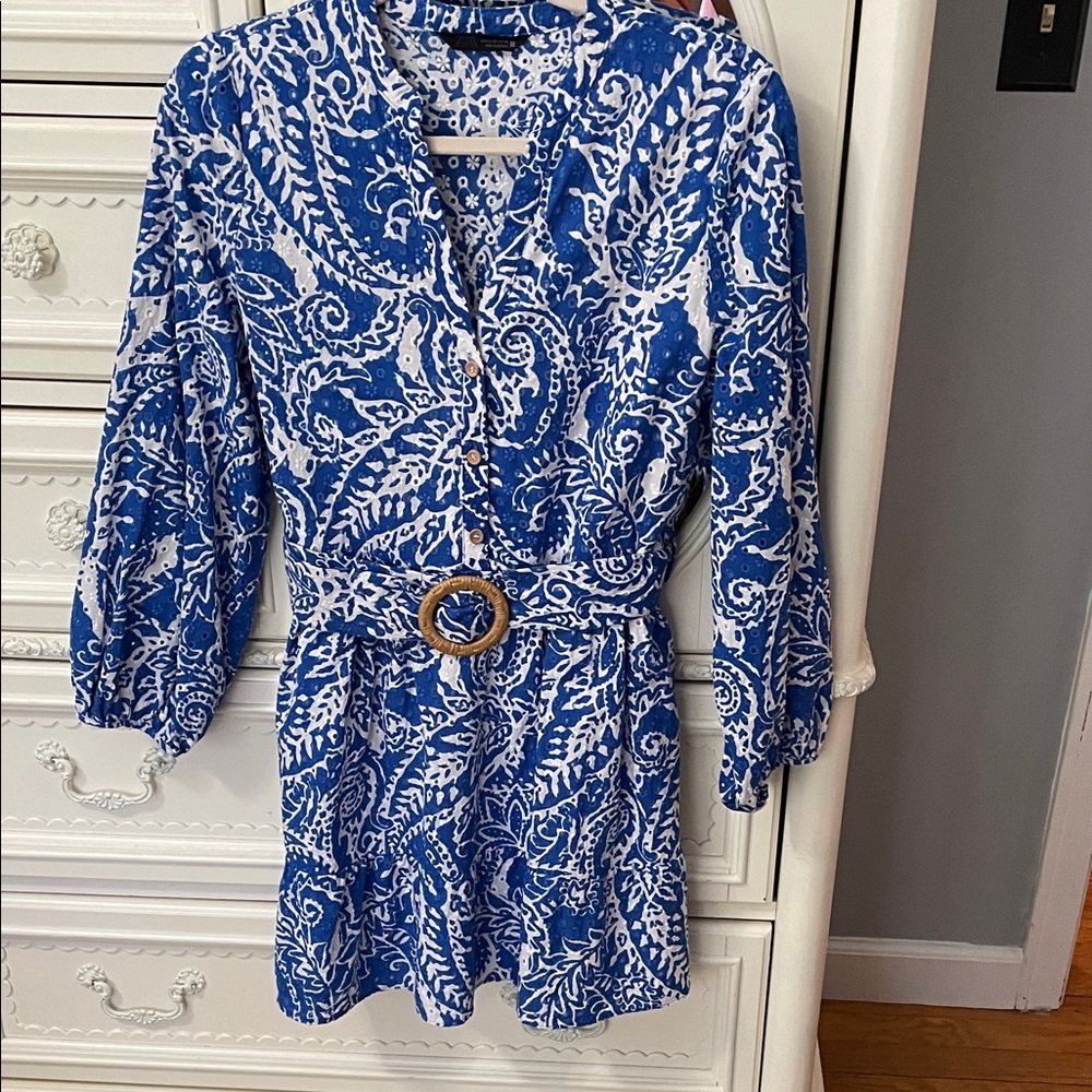 Zara Elegant Blue and White Patterned Dress